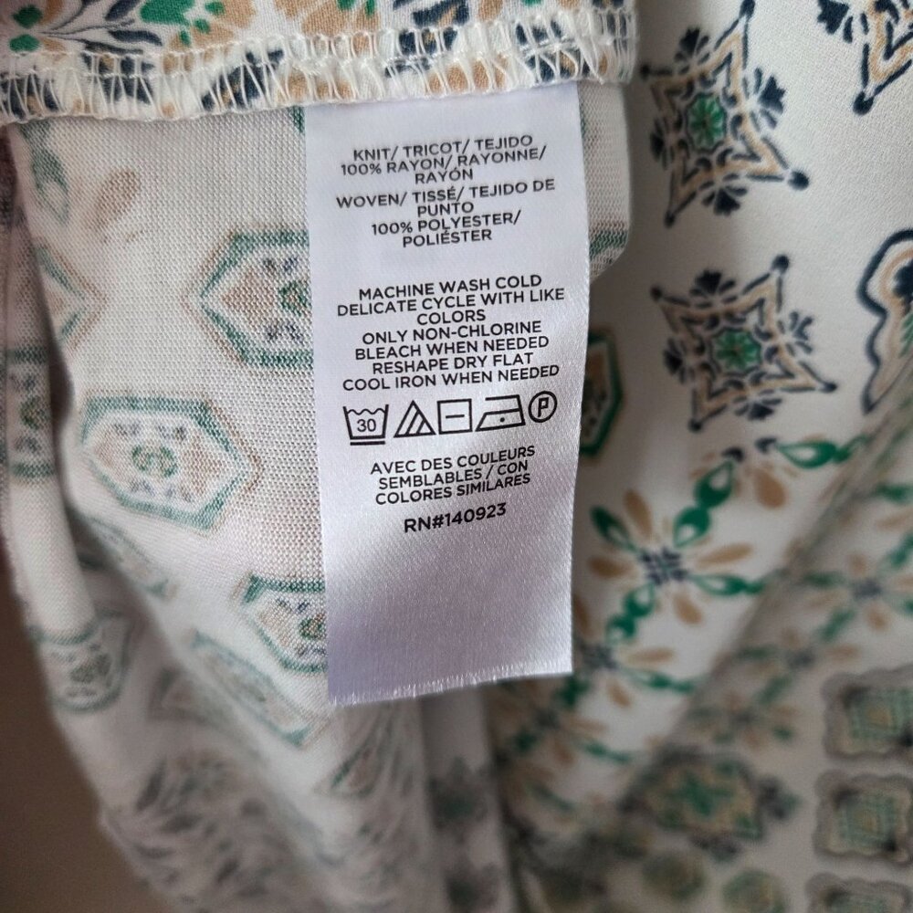 LOFT US Womens XL Green White Printed Blouse Long Sleeve Round Neck Keyhold Back - Picture 7 of 10